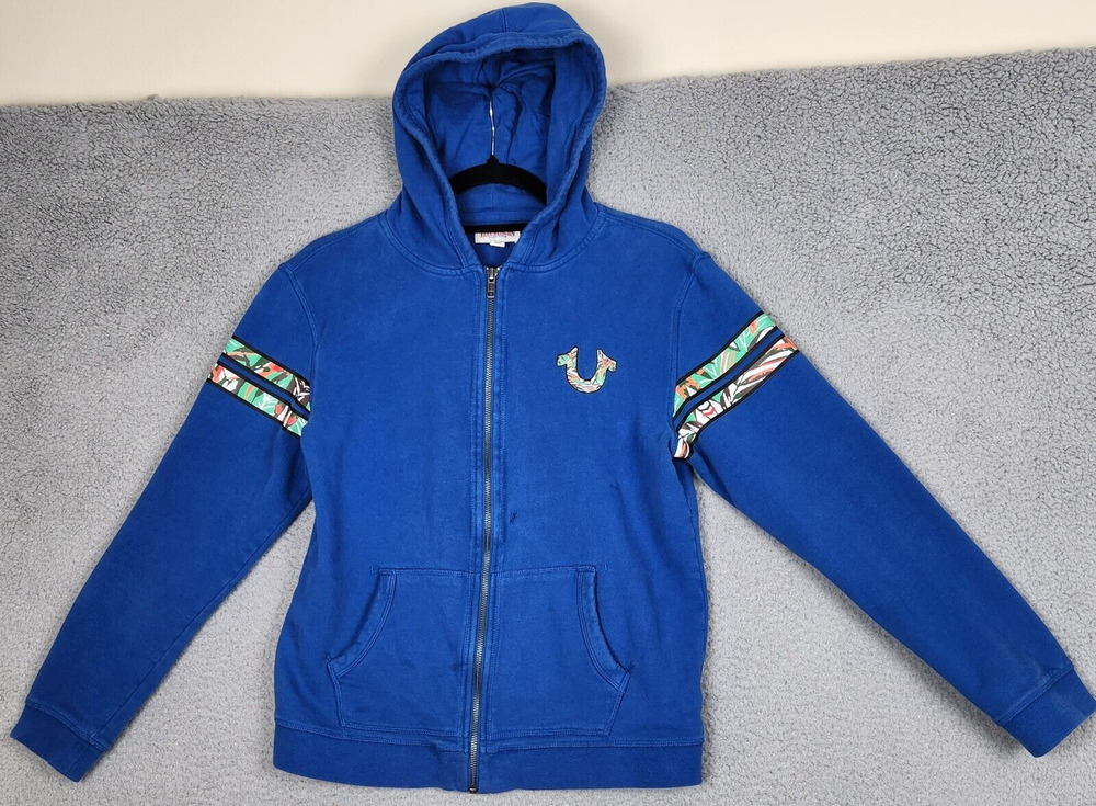TRUE RELIGION Hoodie Kids Unisex Large Blue Fleece Full Zip Varsity Pockets